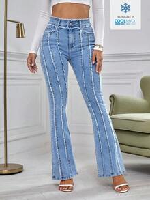 SHEIN Essnce Solid Color Frayed Hem Slant Pocket Elegant Flare Leg Jeans - Blue - View 4