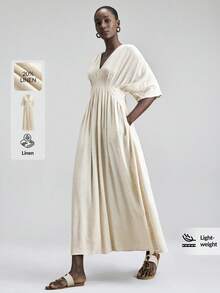 Ontre 2026春夏女士天然亚麻色舒适柔软亚麻面料修身廓形落肩袖腰部荷叶边蝴蝶结装饰现代优雅婚礼宾客装扮，简约浪漫法式奢华都市时尚商务休闲办公装，低调复古高端都市通勤高品质机场邮轮必备衣橱单品，四季皆宜百搭婚礼系列女士上衣 - 卡其色 - 查看 1