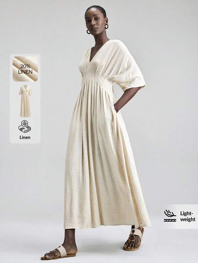 Ontre 女士天然亚麻色舒适亲肤亚麻面料，修身剪裁，落肩袖设计，腰部褶裥，超大蝴蝶结，现代优雅的婚礼宾客装扮，简约浪漫的法式风情，奢华都市时尚商务休闲办公装，低调奢华质感，都市通勤、机场、邮轮旅行必备单品，四季皆宜，婚礼系列女士上衣