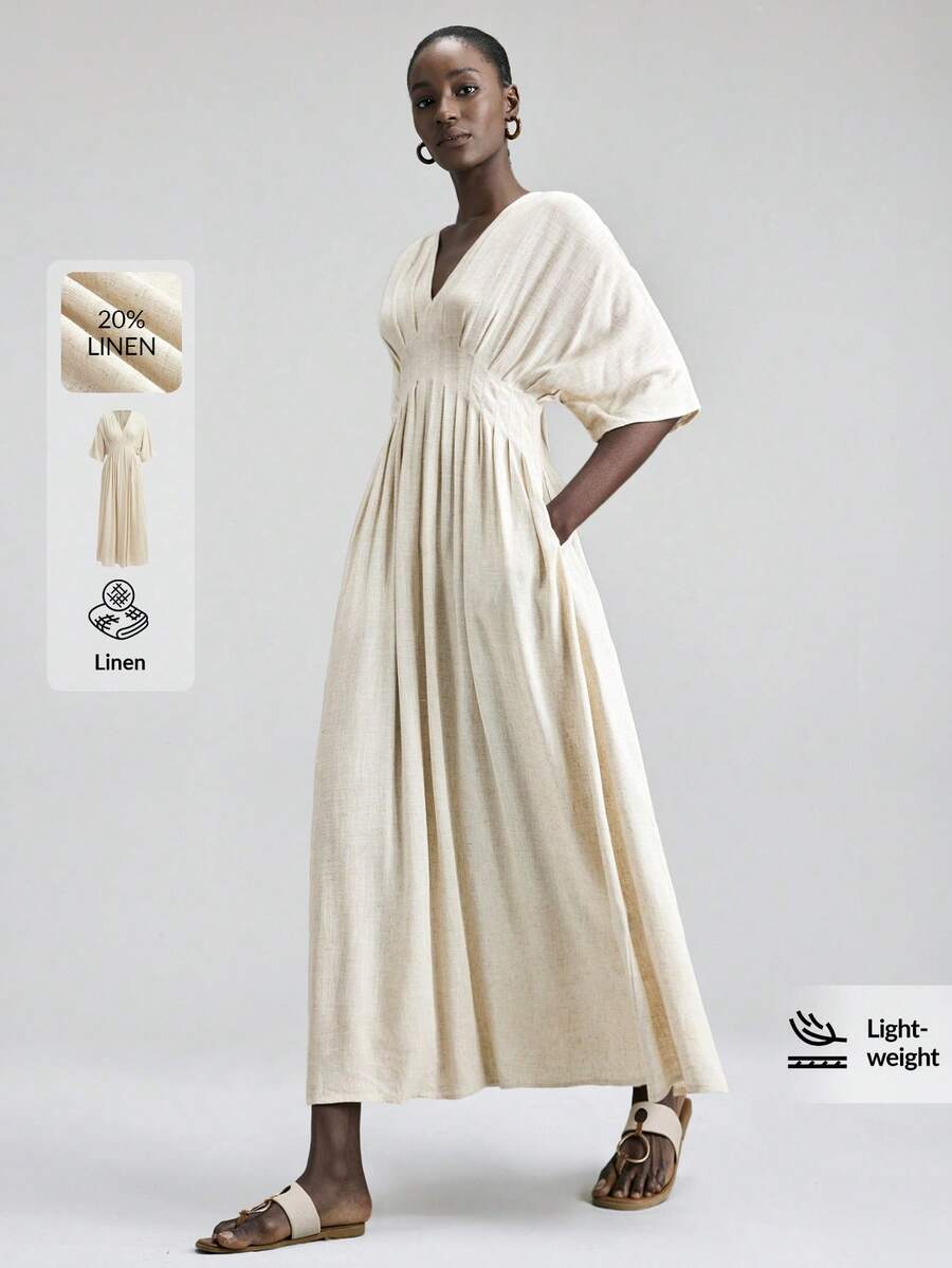 Ontre 2026春夏女士天然亚麻色舒适柔软亚麻面料修身廓形落肩袖腰部荷叶边蝴蝶结装饰现代优雅婚礼宾客装扮，简约浪漫法式奢华都市时尚商务休闲办公装，低调复古高端都市通勤高品质机场邮轮必备衣橱单品，四季皆宜百搭婚礼系列女士上衣 - 卡其色 - 查看 1