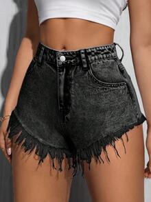 SHEIN Unity Quần short denim nữ mùa hè, phong cách thường ngày, năng động, thoải mái, thích hợp cho kỳ nghỉ, đi làm, với gấu quần rách. - Màu xám đen - Xem 4