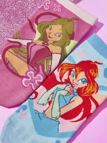 The Winx X SHEIN 6 đôi tất cổ ngắn mềm mại, thoáng khí, thấm hút mồ hôi dành cho nữ và bé gái, họa tiết hoạt hình dễ thương, thời trang và đáng yêu, màu kẹo ngọt, mũi và gót được gia cố để tăng độ bền, phù hợp mọi mùa hè và đông, họa tiết đồ họa, phong cách Y2K. - Nhiều màu - Xem 3