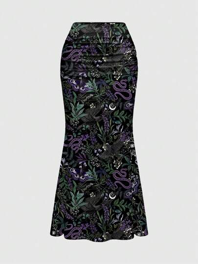 ROMWE Goth 黑色哥特式暗黑神秘花园森林蛇鹰蛾植物印花褶皱紧身美人鱼裙（女款）