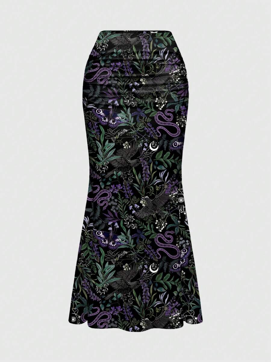ROMWE Black Gothic Dark Mysterious Garden Forest Snake Eagle Moth Plant Print Ruched Bodycon Mermaid Skirt For Women - Black - View 1