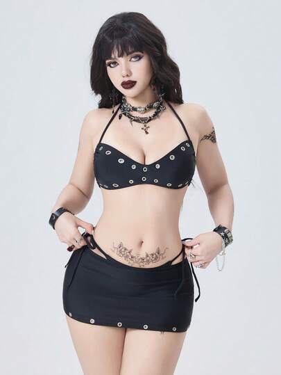 ROMWE Goth Women's Solid Color Eyelet Decor Halter Tie Sexy Bikini Swimwear Set, Summer Beach