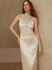 MOTF PREMIUM WOMEN'S LONG SATIN LACE EMBROIDERED PATCHWORK DRESS, SPRING/SUMMER - Apricot - View 1