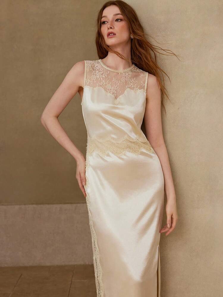 WOMEN'S LONG SATIN LACE EMBROIDERED PATCHWORK DRESS, SPRING/SUMMER