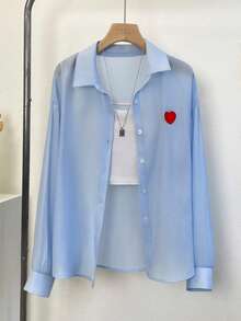 SHEIN Franclia Women's Loose Blue Heart Embroidered Long Sleeve Shirt, Suitable For Spring/Summer - Blue - View 3
