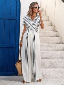 Breezaya 女士夏季法式休闲度假极简V领短袖交叉系带腰部长款条纹印花休闲连体裤 - 杏色 - 查看 5