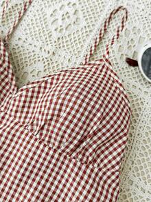 少女日常休闲红白格子吊带背心 - 紅白色 - 查看 5