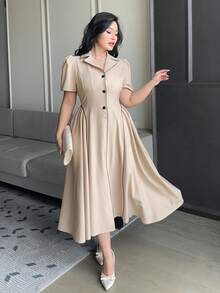 Dazy Plus 大码女士优雅翻领拼接泡泡袖收腰连衣裙，春夏吊带裙 - 杏色 - 查看 5