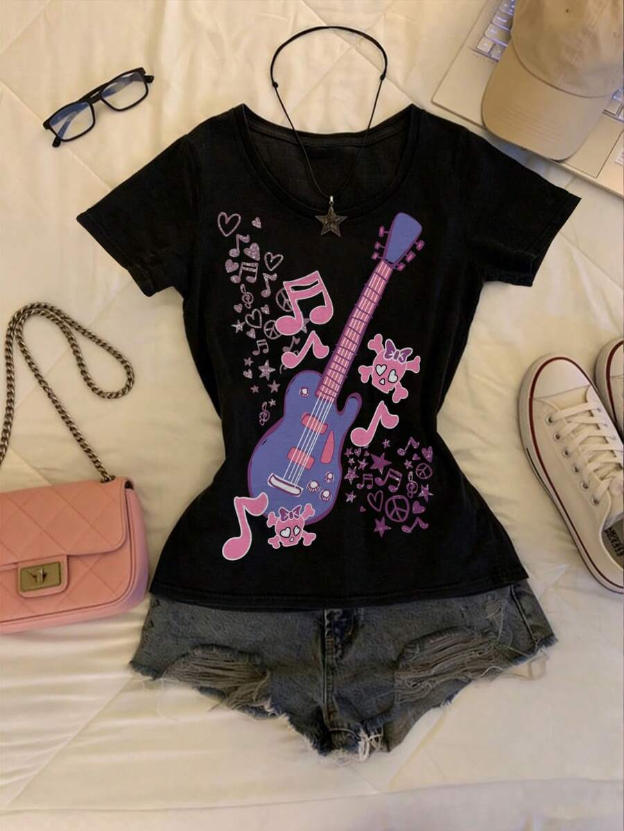 Glimmora Camiseta casual de mujer de cuello redondo y manga corta con estampado de notas musicales e instrumentos - Negro - Ver 1