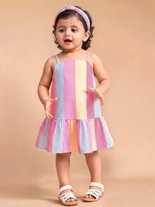 SHEIN 女婴夏季休闲度假风撞色条纹印花荷叶边吊带连衣裙