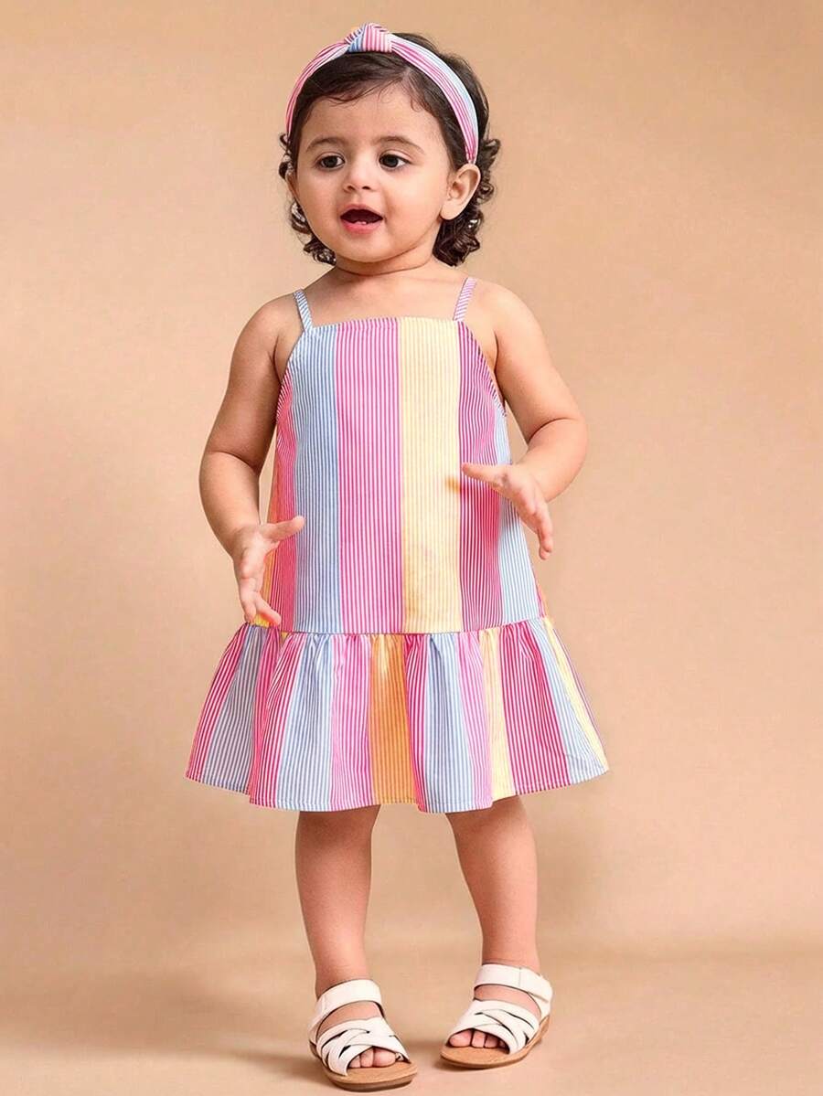 SHEIN 女婴夏季休闲度假风撞色条纹印花荷叶边吊带连衣裙