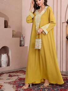 Al Najma Women's Loose Embroidered Beaded Robe For Ramadan - Mustard Yellow - View 2