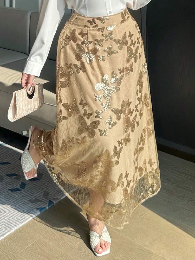 Dazy Plus Valentine Sequin Embroidered Mesh Patchwork Maxi Party Dress, Plus Size Women Gold Skirt