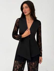 Aloruh Black Minimalist Commuting & Date Night Deep V Lace Waist Cinched Women's Suit Jacket + Wide Leg Lace Pants - Black - View 7