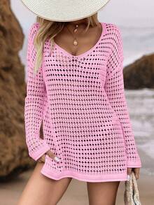 Swim Vcay Summer Holiday Beach Leisure Loose Knitted Cover-Up Hollow-Out Summer Sweater - Pink - View 5