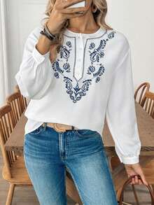 Louniche 女士春季休闲白色刺绣波西米亚风圆领半开襟长袖宽松复古碎花衬衫 - 白色 - 查看 6