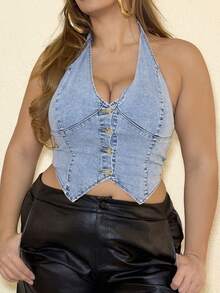 MelDlgn 大码夏季时尚水洗斜口袋吊带牛仔衬衫 - 藍色 - 查看 4