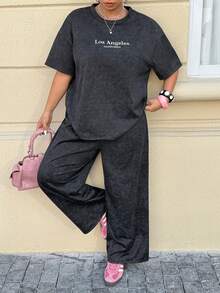 Muchica 大码女式宽松休闲T恤和裤子两件套 - 黑色 - 查看 1