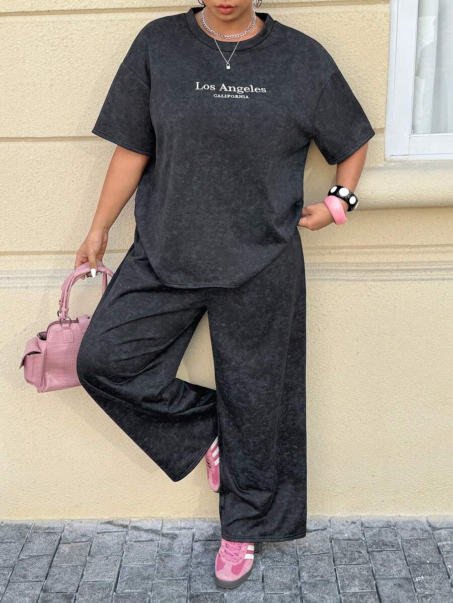 Muchica 大码女式宽松休闲T恤和裤子两件套 - 黑色 - 查看 1