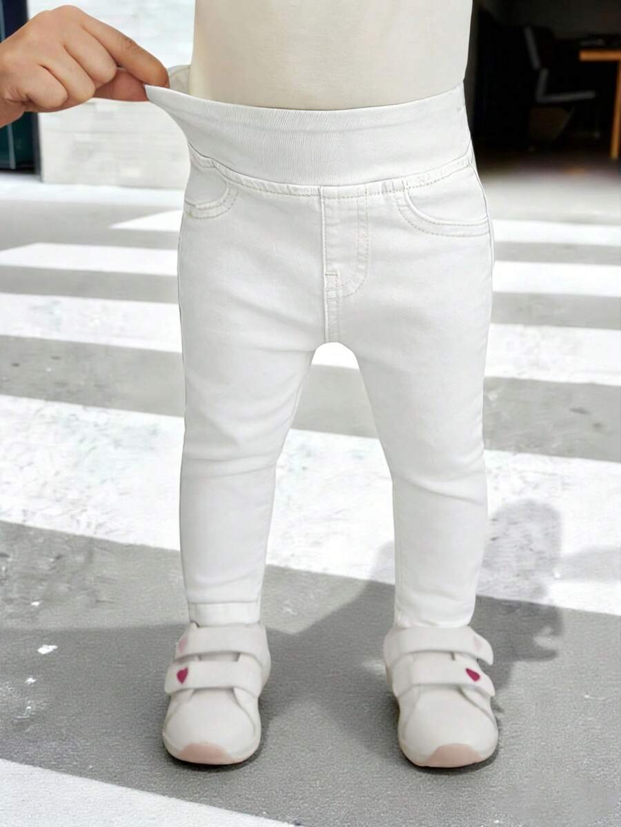 SHEIN Baby Girls' Solid Color Casual Everyday Minimalist Design Jeans - White - View 1