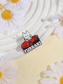 Joivida 1pc Cartoonish Design Of A Playful Cat In The Shape Of A White Cat Driving A Red Sports Car, Made Of Alloy With Baked-On Paint. A Cute Cat Badge Or Brooch. - Multicolor - View 4