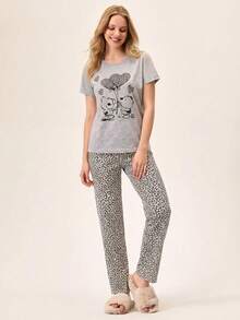 Loomlin 100%Cotton 2pcs/Set Women Cotton Animal Print Detail Homewear Pajama Set - Light Grey - View 4