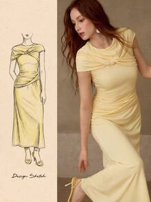 MOTF PREMIUM Váy suông xòe nhún eo khoét trước - Vàng nhạt - Xem 1