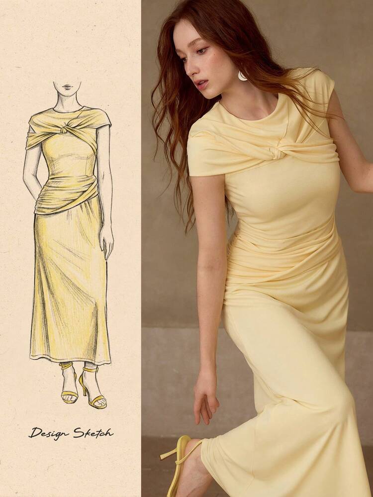 SOLID TWIST FRONT CUTOUT RUCHED WAIST DRESS