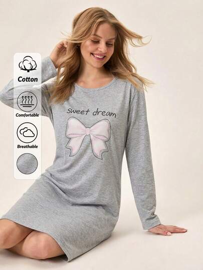 Loomlin Dames katoenen contrasterende slogan en strikdetail, lange mouwen, homewear lounge pyjamajurk
