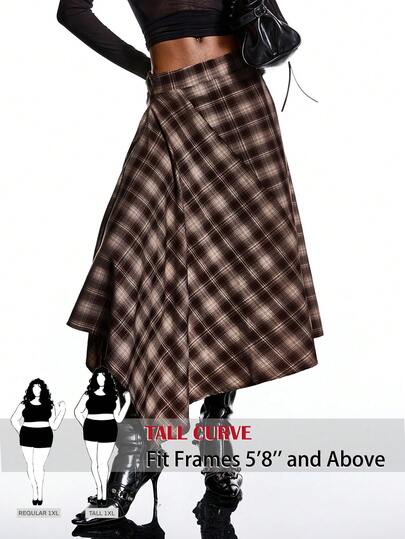 SHEIN Tall CURVE Büyük Beden Günlük Retro Asimetrik Etek Ucu Ekose Etek