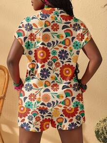 Slaydiva 春夏女士纽扣衬衫和松紧腰短裤套装/新款音乐节/西部风/波西米亚风/复活节/纳什维尔/生日/毕业/学生日常/休闲百搭/邮轮/旅行/海滩日光浴/度假/活力花卉印花两件套 - 彩色 - 查看 2