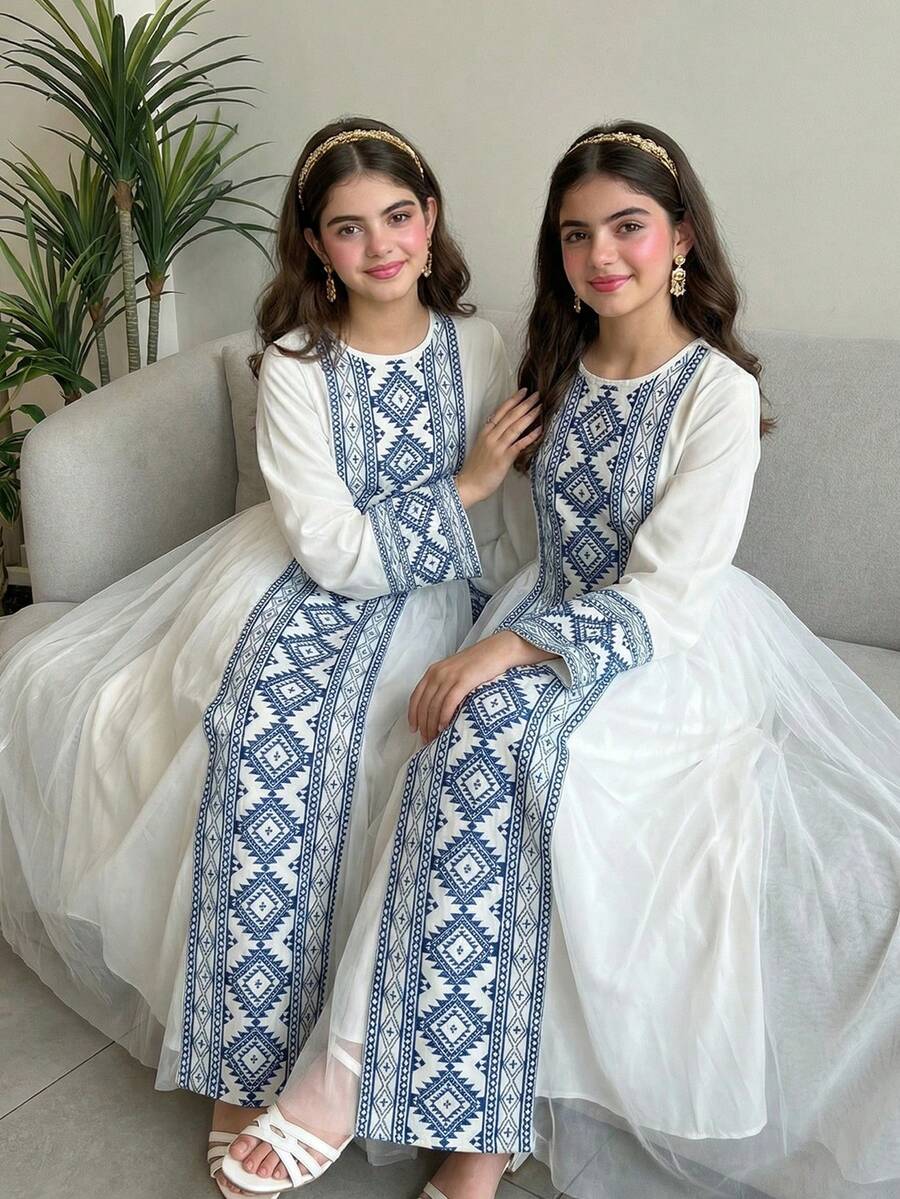 SHEIN Elegant Floral Print, Casual Modest Long Dress For Teen Girl, Suitable For Travel - White - View 1