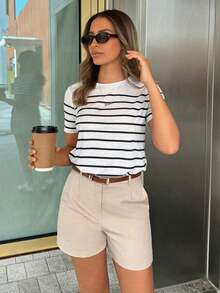 Sailor Striped Shirt With Round Neck, Short Sleeve, Regular Fit, Horizontal Stripes, Soft, Basic Look - White - View 2