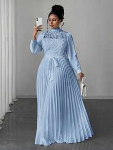 Maweii Plus Size Women Elegant Patchwork Waist Cinched Long Dress - Baby Blue - View 1