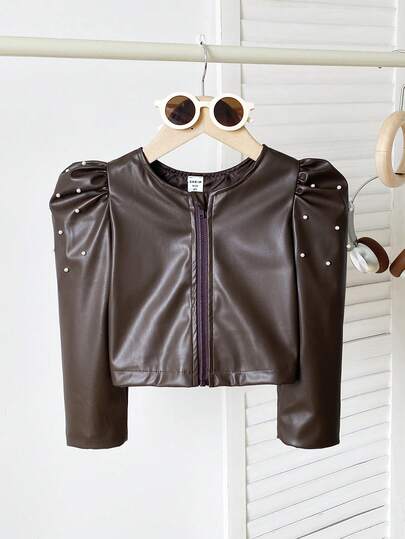 Young Girl Solid Color PU Leather Bubble Long Sleeve Faux Pearl Decor Zipper Front Fashion Jacket, Kids Leather Jacket, Kids Girls Clothing Brown