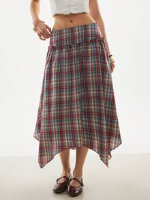 Poéselle Women's Asymmetrical Hem Plaid A-Line Cotton Skirt, Collegiate Style From Spring To Summer Outfits    Summer Holiday Outfits   Asymmetric Hem Midi Skirt - Multicolor - View 6