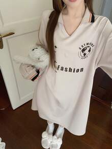 DAZY Printed Letter V-Neck Raglan Long Sleeve Loose Women's Nightgown, Women's Loungewear Dress - Apricot - View 8