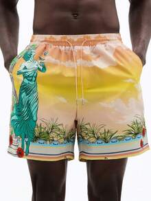 SUMWON Beach Board Shorts With Tropical Sunset Print And Classic Figure Graphic Design Elastic Waistband Drawstring Summer Vacation Swimming Trunks - Multicolor - View 8