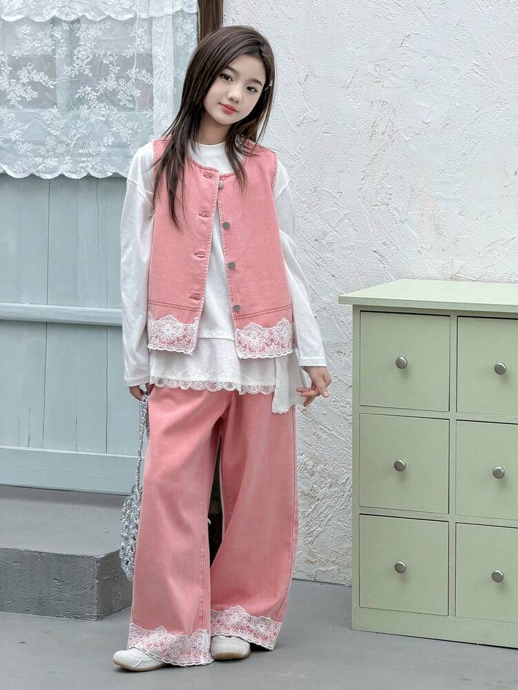Tween Girl Round Neck Single-Breasted Lace Sleeveless Top And Wide-Leg Jeans Casual Daily Outfit