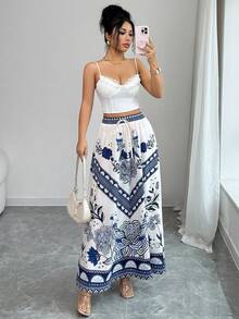 SHEIN Elenzya Falda holgada de línea A con cintura de cordón, estampado de porcelana azul y blanco, estilo de vacaciones - Azul y blanco - Ver 6