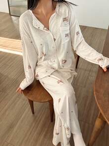 DAZY 2pcs Women Polka Dot Cat Print Lace Patchwork Loose Cardigan & Pants Pajama Set - Apricot - View 4
