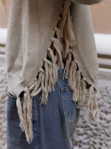 Maija Women's Khaki Versatile Modern City Loose Drop Shoulder Round Neck Pullover Sweater, With Side Fringe Detail, All Season Hippie - Khaki - View 5