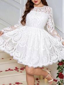 SHEIN Clasi Đầm dài tay thanh lịch dành cho nữ cỡ lớn, họa tiết hoa ren, thắt lưng. - trắng - Xem 3