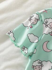 2pcs Young Girl Pajamas Set, Featuring Sheep & Moon Prints, Lightweight & Soft, Simple & Comfortable Design, Stretchy & Machine Washable (Sold Separately) - Multicolor - View 4