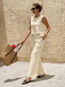 SHEIN Frenchy Women's Casual Vacation Striped Print Sleeveless Top And Wide Leg Pants 2 Pieces Set, Suitable For Spring, Summer, Autumn - Beige - View 6