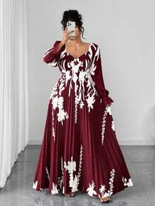 SHEIN Elenzya 大码女装时尚定位印花水钻领长袖连衣裙 - 酒紅色 - 查看 4