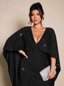 Allurite Plus Size Women's Elegant V-Neck Shawl Collar Velvet Mermaid Formal Dress - Black - View 5
